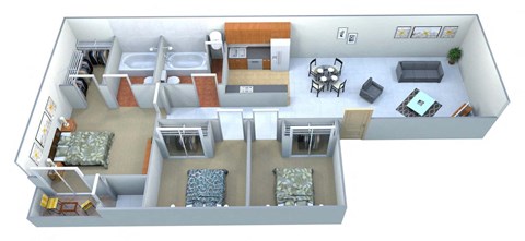 Floor plan for 3 beds, 2 baths, 992 sqft